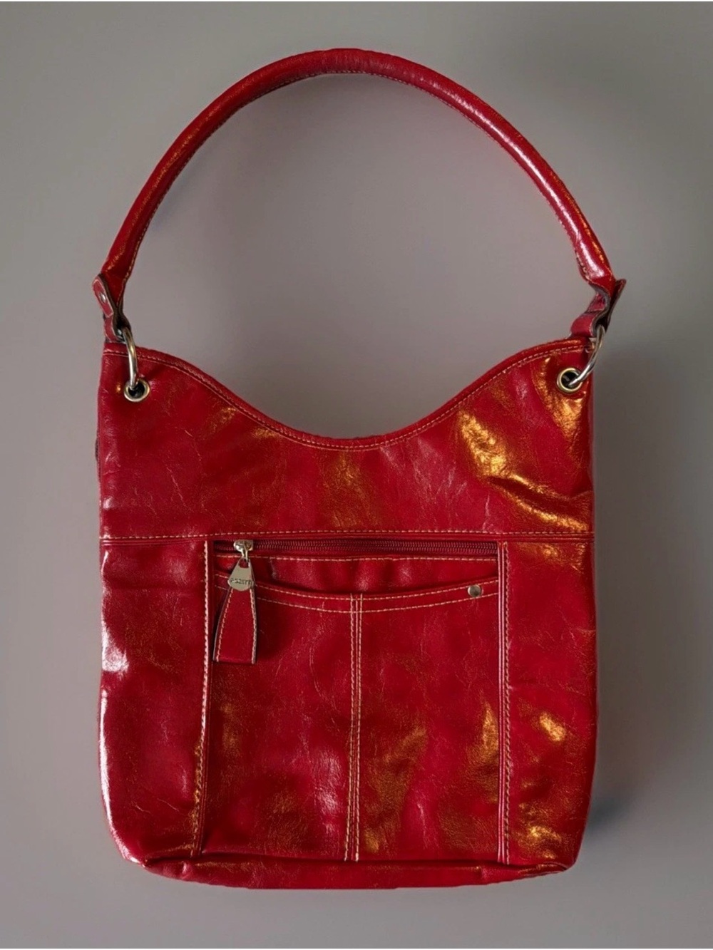 Vintage Rosetti Shoulder Bag Red Faux Leather Hobo Purse Silver Hardware Used.